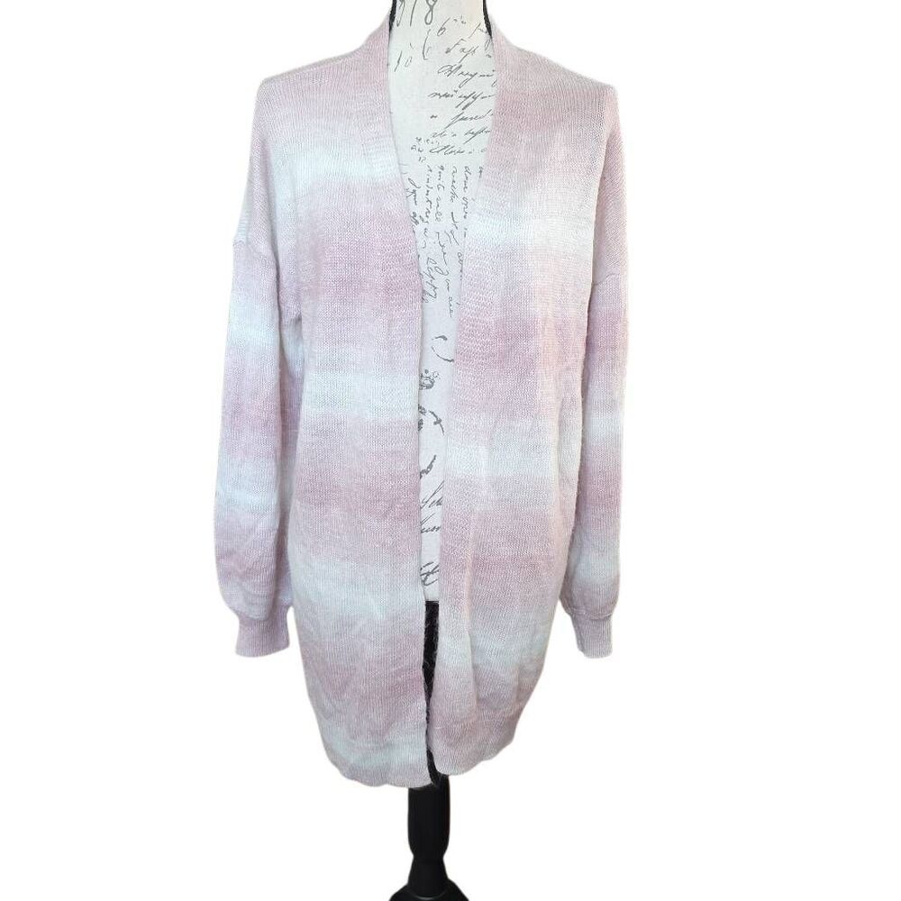 LC Lauren Conrad Women's Size XL White Pink Glitter Ombre Stripe Open Cardigan